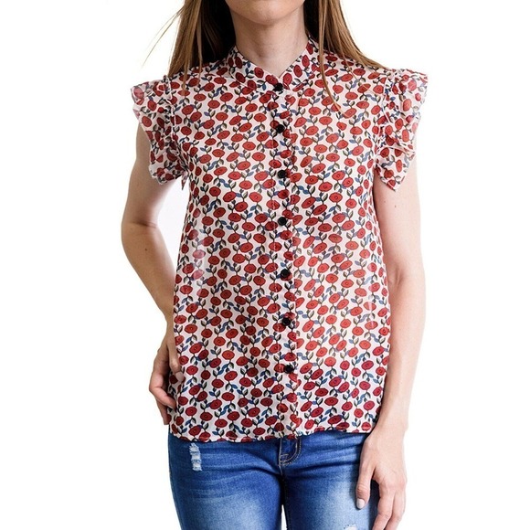 Red Poppy Print Button Up Blouse Lightweight w Cap Sleeves Size Small - Hey Viv - Picture 2 of 4